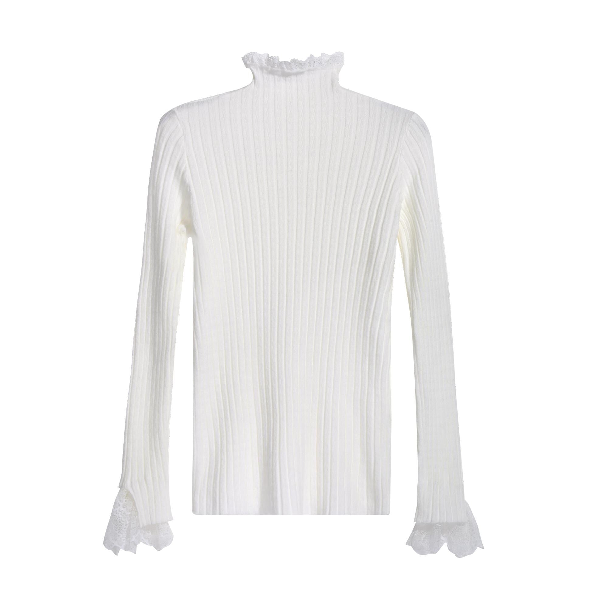 A white long-sleeved shirt with a ruffled collar and lace trim on the sleeves.