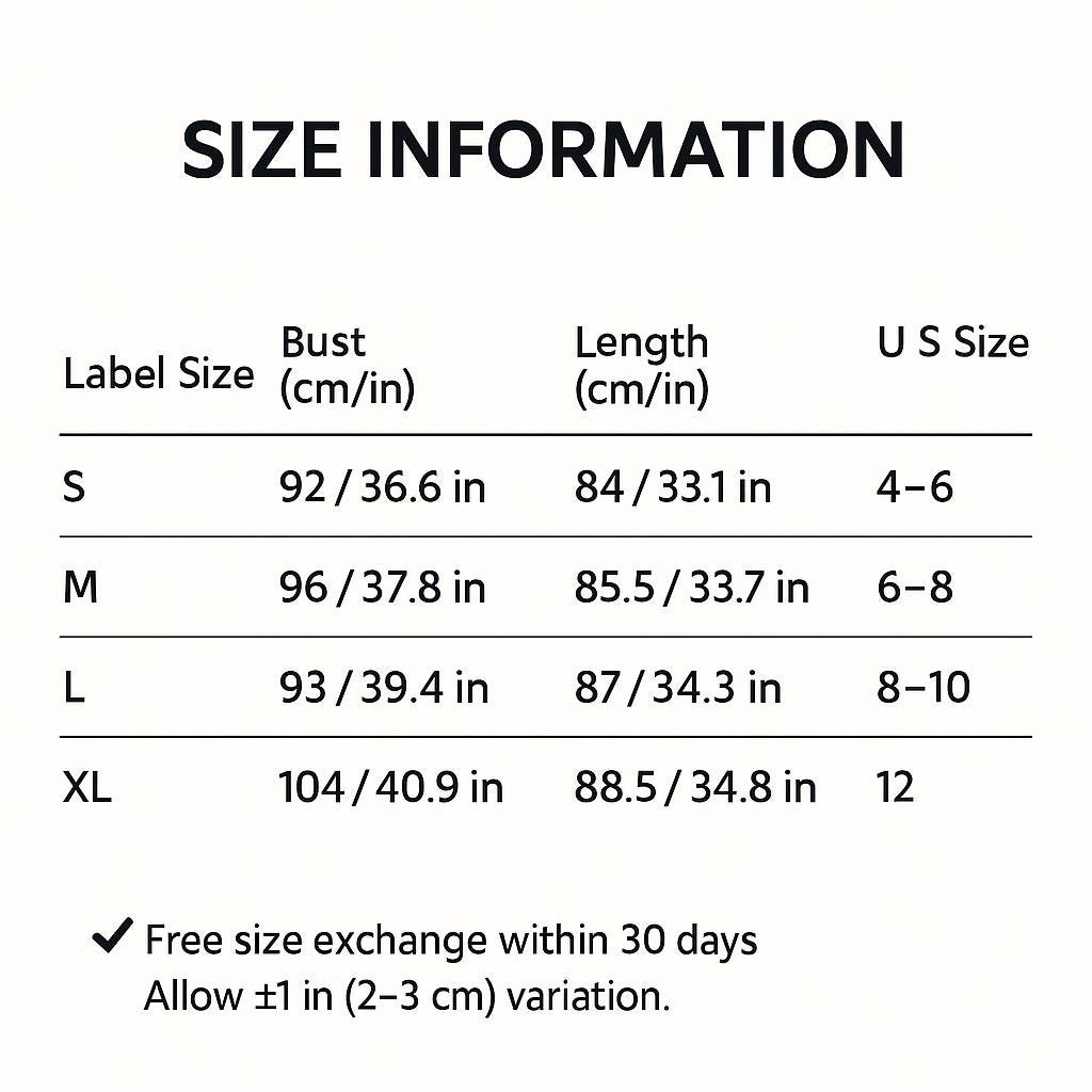 a table with size information for various clothing items, including bust, length, and U S size. The table provides a range of sizes for different body types, such as S, M, L, and XL. It also mentions a free size exchange within 30 days and allows for a variation in the maximum allowed size, ranging from +1 to +3 cm.