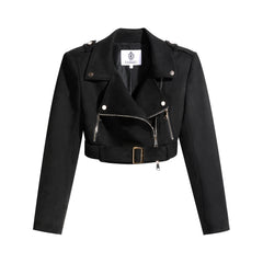 Cropped Bomber Leather Moto Jacket – Black, Fitted, Rock-Chic