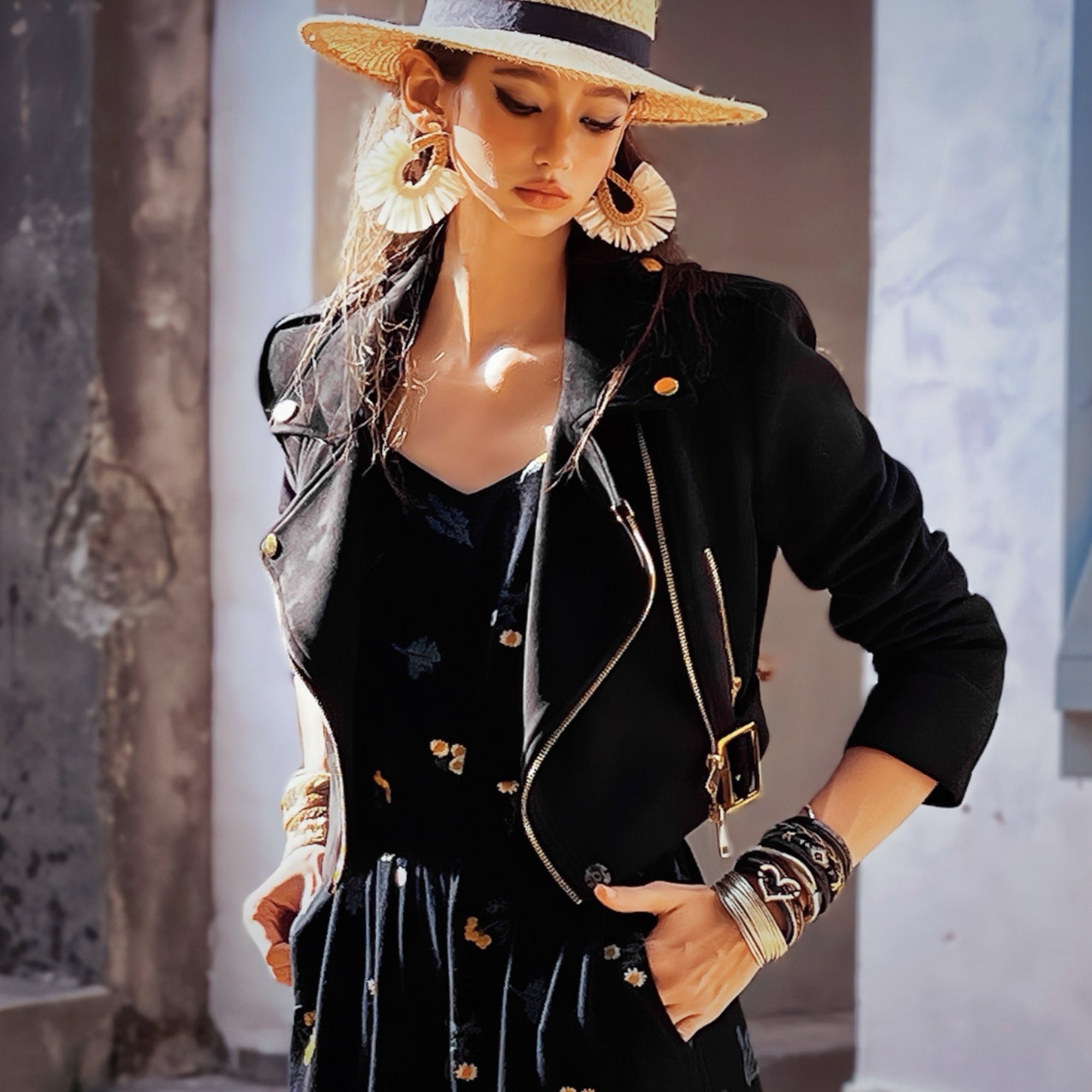 Cropped Bomber Leather Moto Jacket – Black, Fitted, Rock-Chic