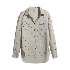 Beige Bow-Print Shirt & Shorts Matching Set
