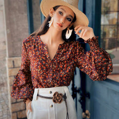 Boho Rose Bloom Bishop-Sleeve Blouse – Burgundy