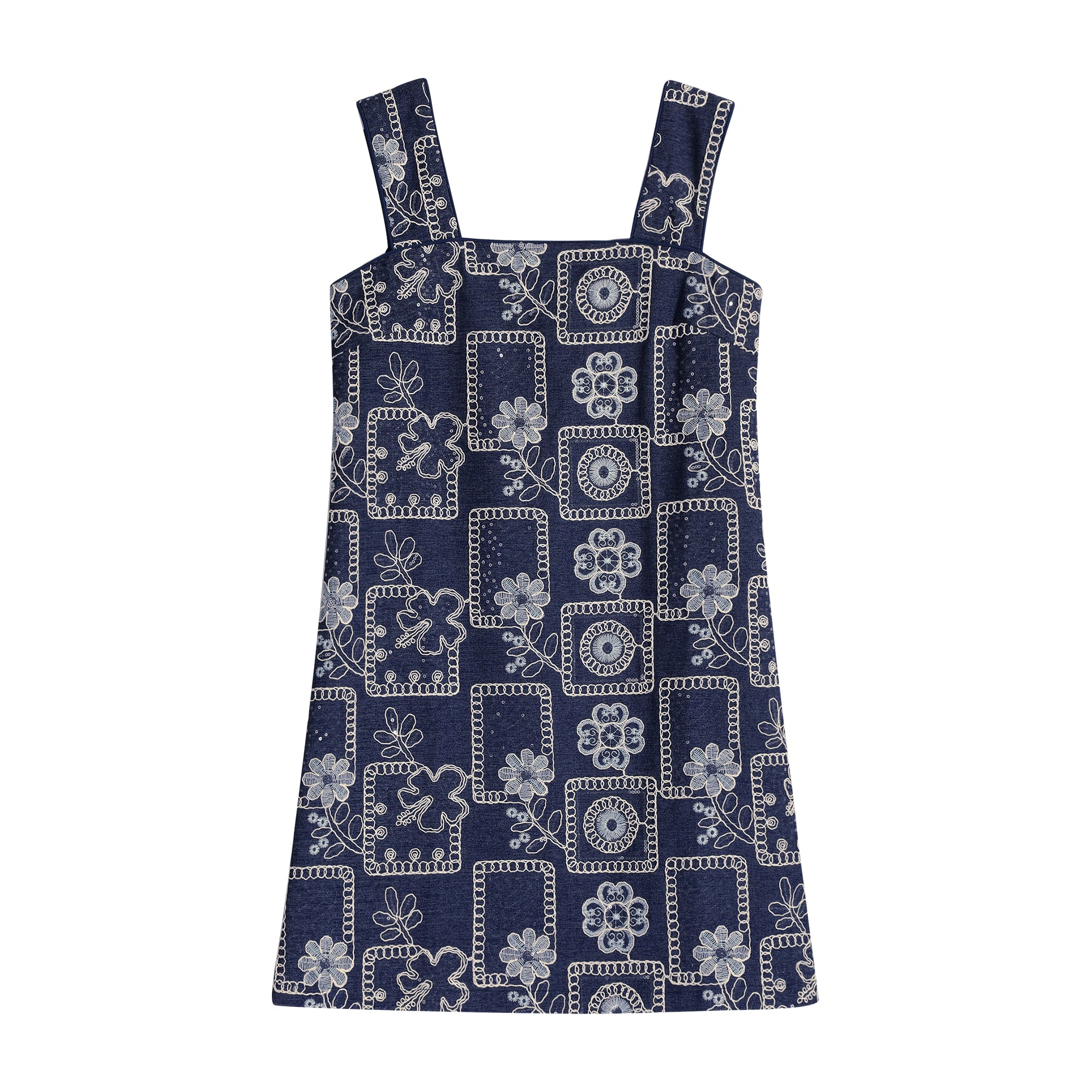 Embroidered Linen-Blend Summer Dress, Boho Chic Square Neck Midi Dress with Floral Pattern