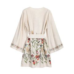 Boho Floral Embroidered Belted Tunic Mini Dress – Kimono Bell Sleeves