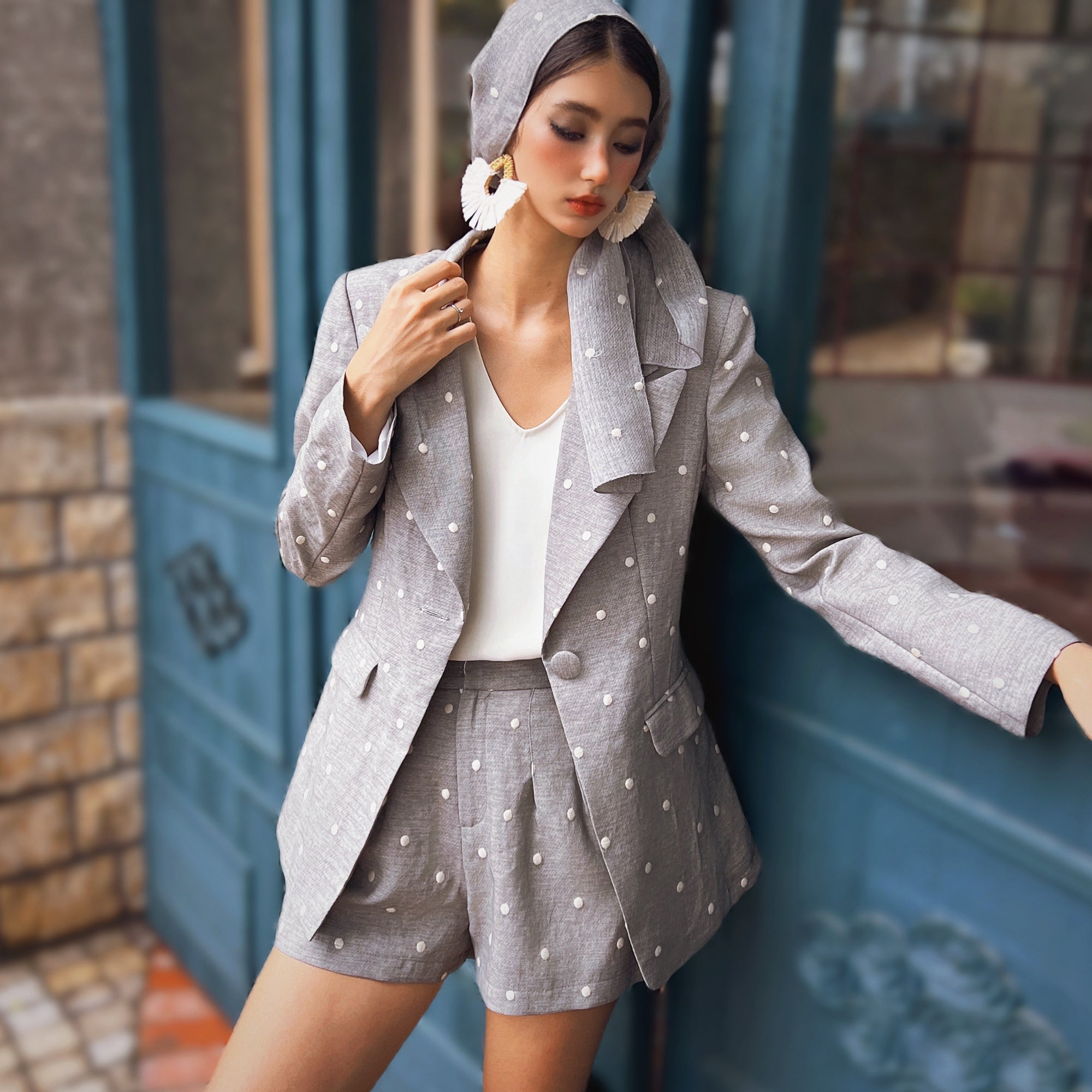 Grey Polka Dot Blazer & High-Waist Shorts Two-Piece Set
