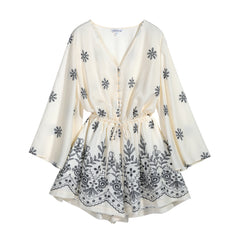 Ivory Boho Embroidered Scallop-Hem Mini Dress