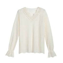 White Knit Top — Lace V-Neck & Fluted Cuffs (One Size)