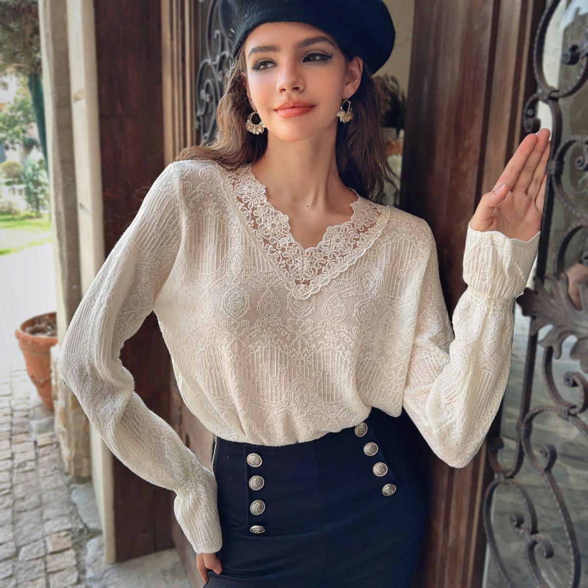 Apricot Knit Top — Lace V-Neck & Fluted Cuffs