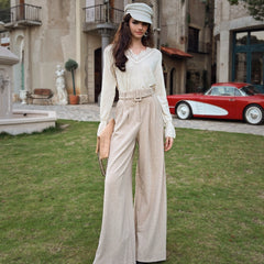 White Knit Top — Lace V-Neck & Fluted Cuffs (One Size)