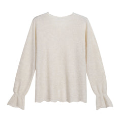 Apricot Knit Top — Lace V-Neck & Fluted Cuffs