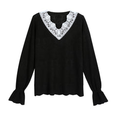Black Knit Top — Lace V-Neck & Fluted Cuffs