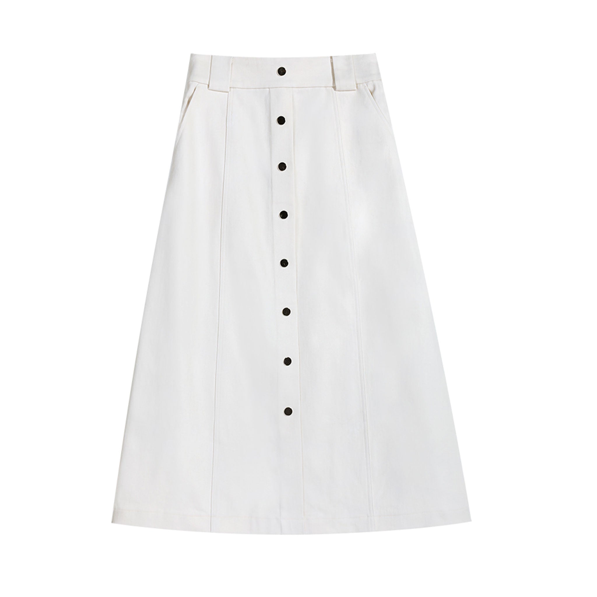 Ivory Button-Front A-Line Midi Skirt