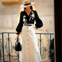 Ivory Button-Front A-Line Midi Skirt