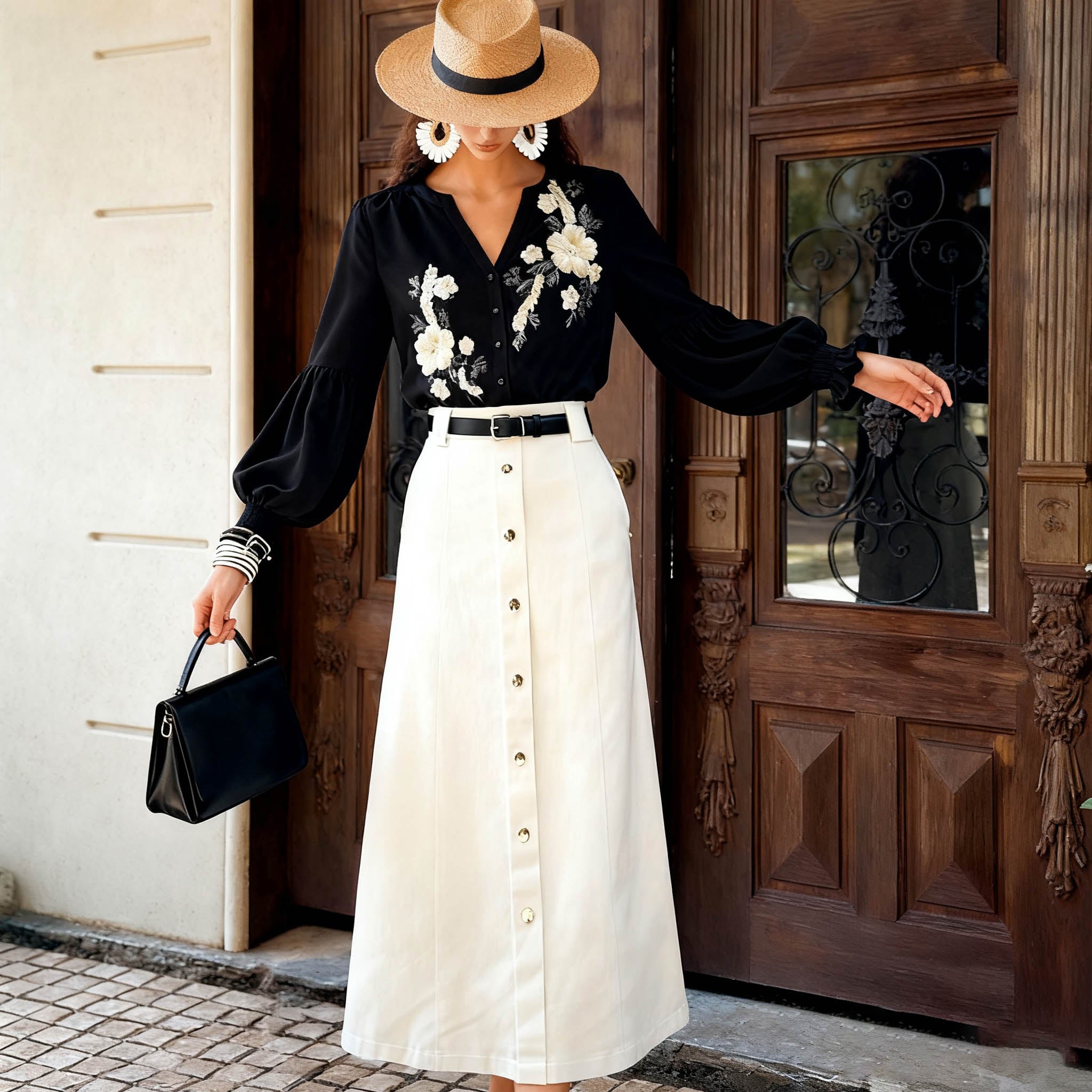 Ivory Button-Front A-Line Midi Skirt