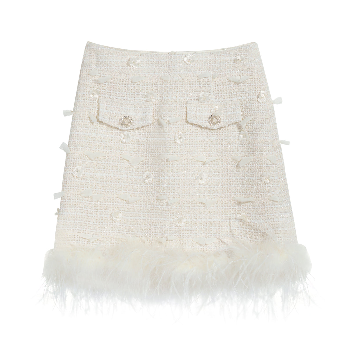 High-Waist Bouclé Pencil Skirt — Feather-Trim Hem