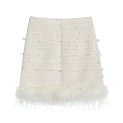 High-Waist Bouclé Pencil Skirt — Feather-Trim Hem