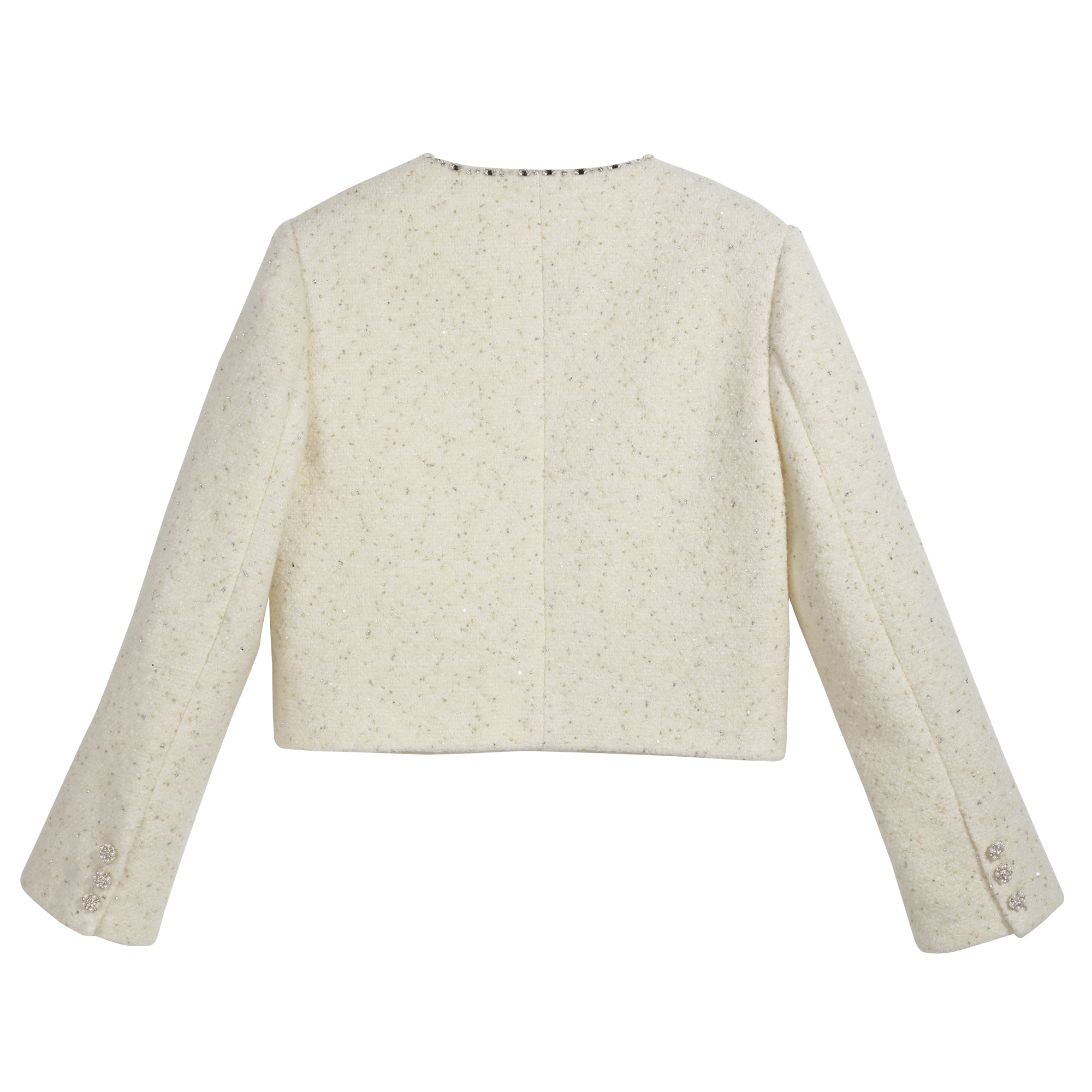Ivory Cropped Wool-Blend Tweed Jacket with Rose Trim Dabuwawa Ivory Cropped Wool-Blend Tweed Jacket with Rose Trim Dabuwawa