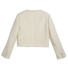 Ivory Wool-Blend Tweed Cropped Jacket with Rose and Pearl Trim