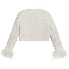 Cropped Bouclé Jacket — Feather-Cuff Crop