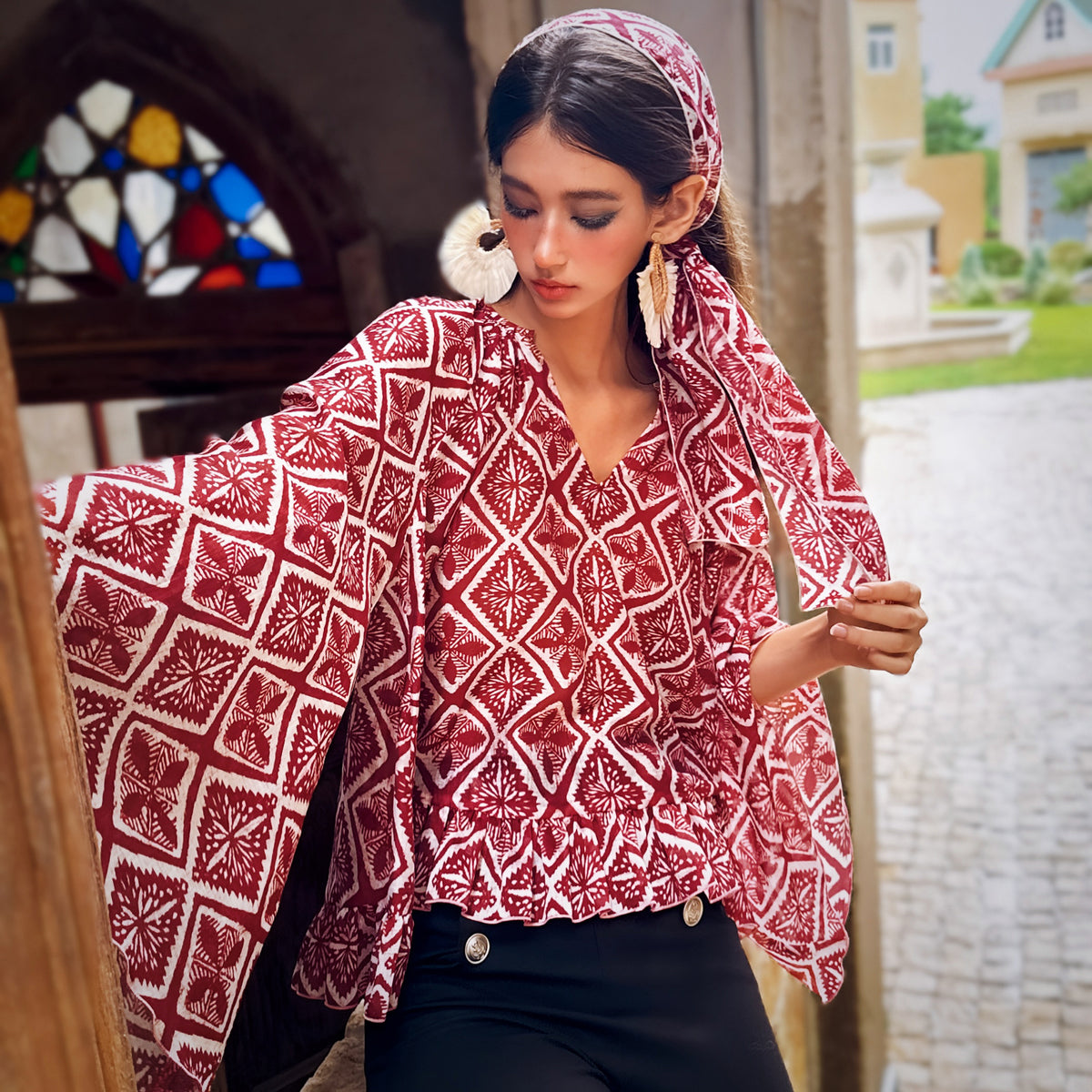 Red Geo-Print Kimono Sleeve Peplum Blouse
