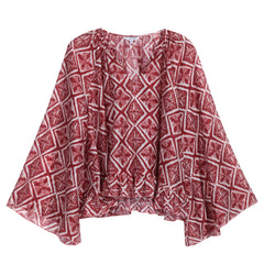 Red Geo-Print Kimono Sleeve Peplum Blouse