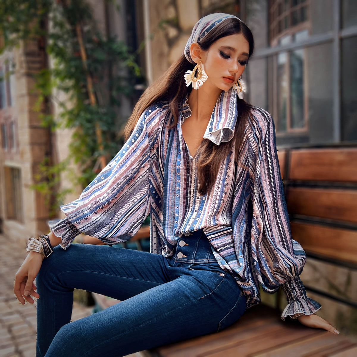 Blue Mocha Boho Stripe Balloon-Sleeve Blouse