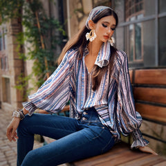 Blue Mocha Boho Stripe Balloon-Sleeve Blouse