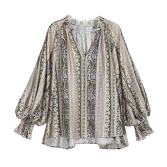 Olive Paisley Stripe Balloon-Sleeve Boho Blouse