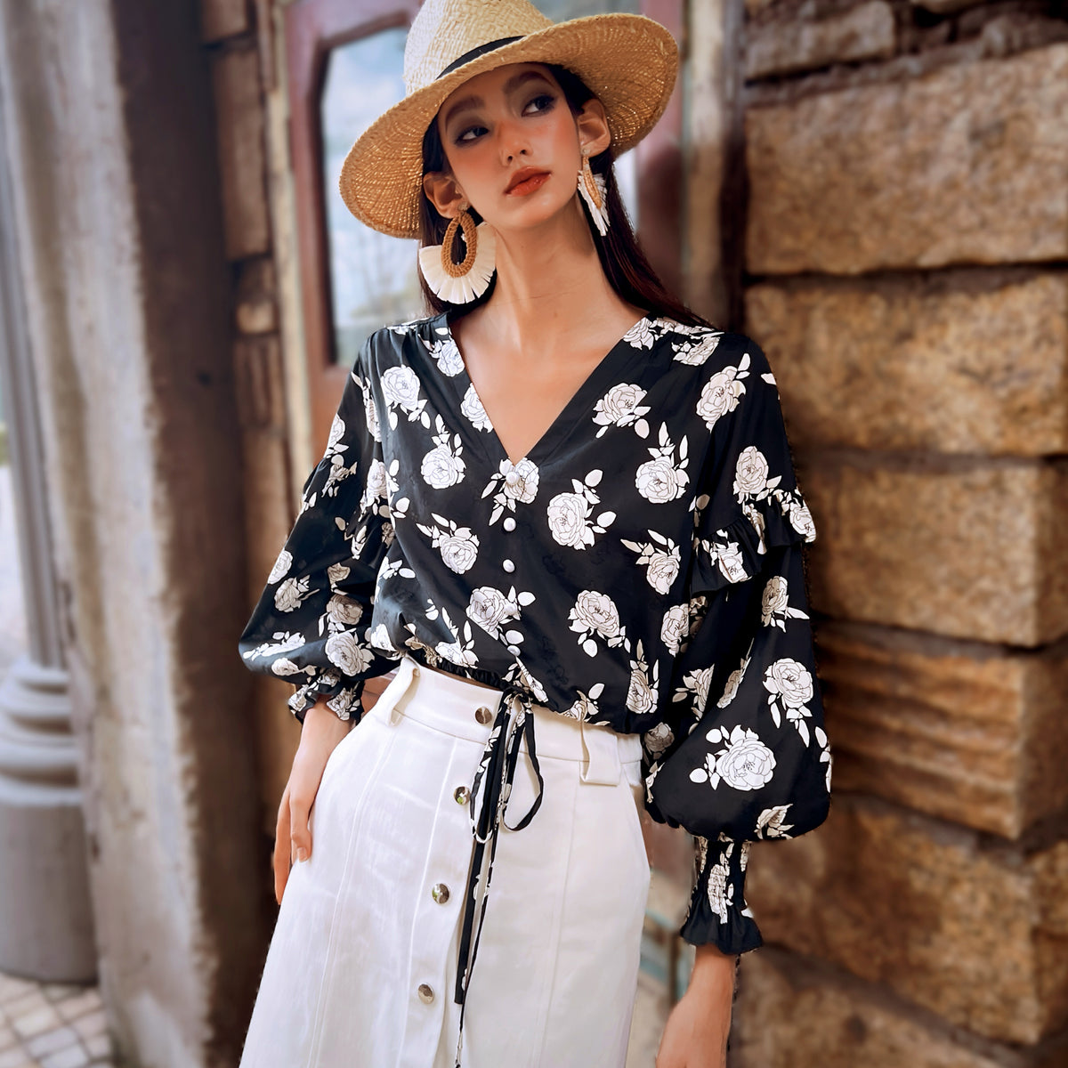 Black Floral Drawstring V-Neck Blouse