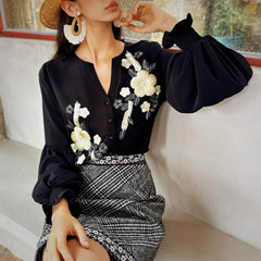Black Embroidered Button-Down Blouse.