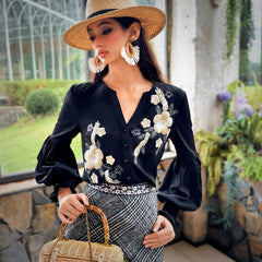 Black Embroidered Button-Down Blouse.