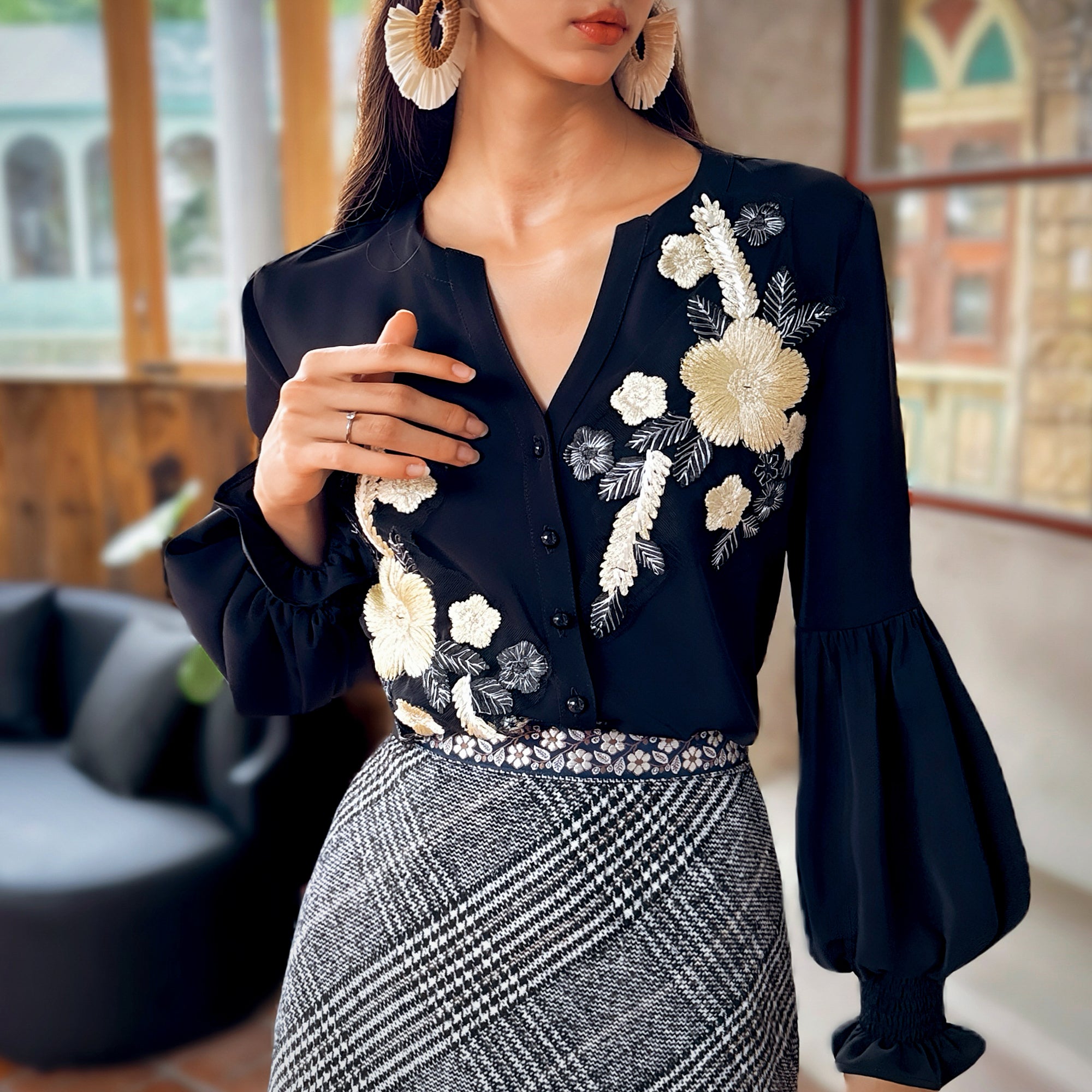 Black Embroidered Button-Down Blouse.