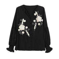 Black Embroidered Button-Down Blouse.