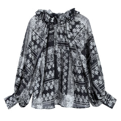 Black Patchwork Lace-Print Ruffle-Tie Boho Blouse