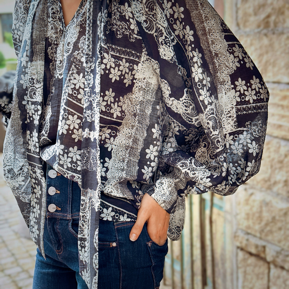 Black Patchwork Lace-Print Ruffle-Tie Boho Blouse