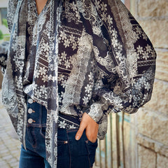 Black Patchwork Lace-Print Ruffle-Tie Boho Blouse