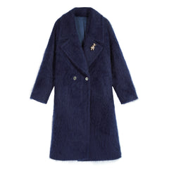 Navy Long Coat — Wool + Mohair, Double-Breasted