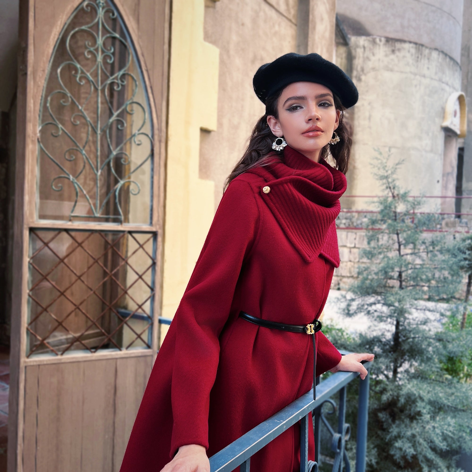 Ruby Red Funnel-Neck Belted A-Line Coat - Dabuwawa