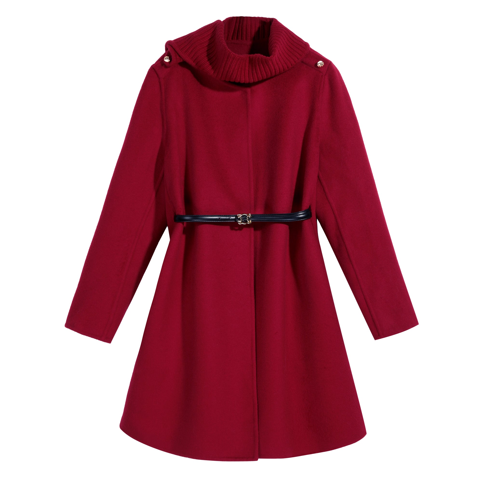 Ruby Red Funnel-Neck Belted A-Line Coat - Dabuwawa