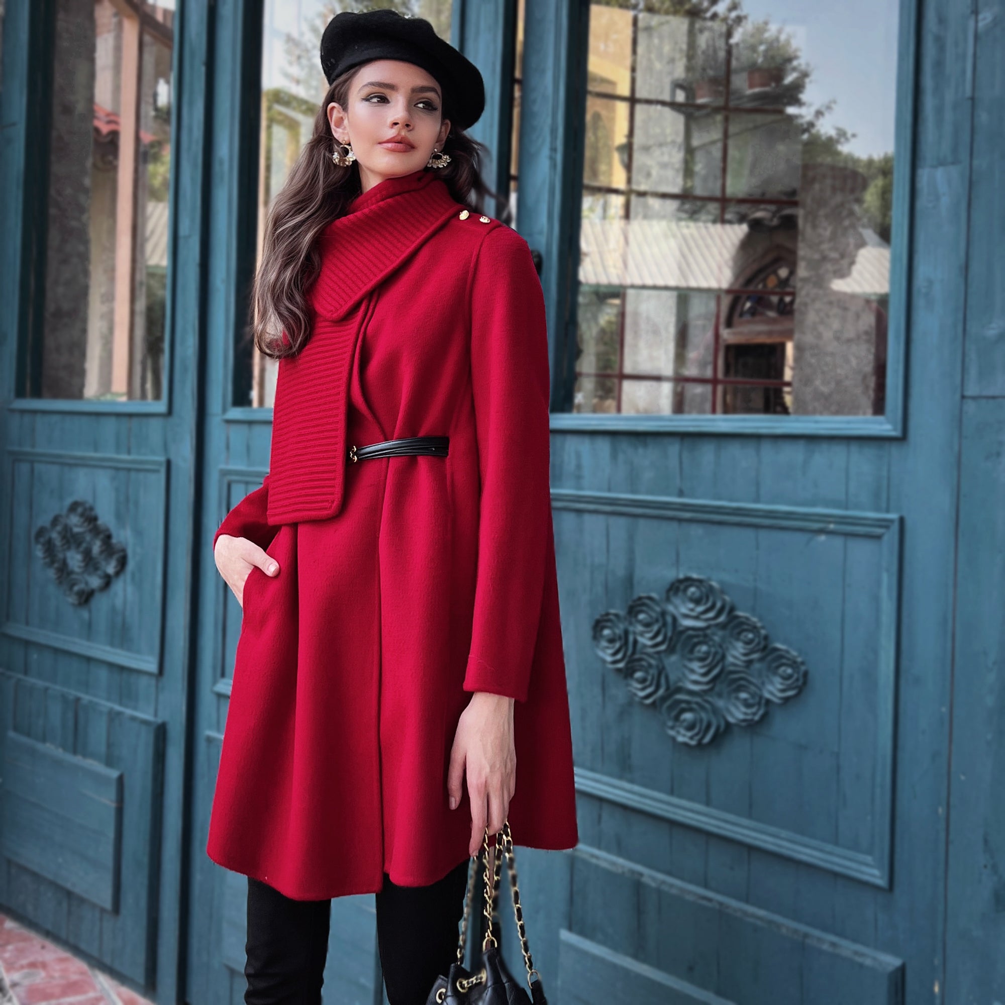 Ruby Red Funnel-Neck Belted A-Line Coat - Dabuwawa