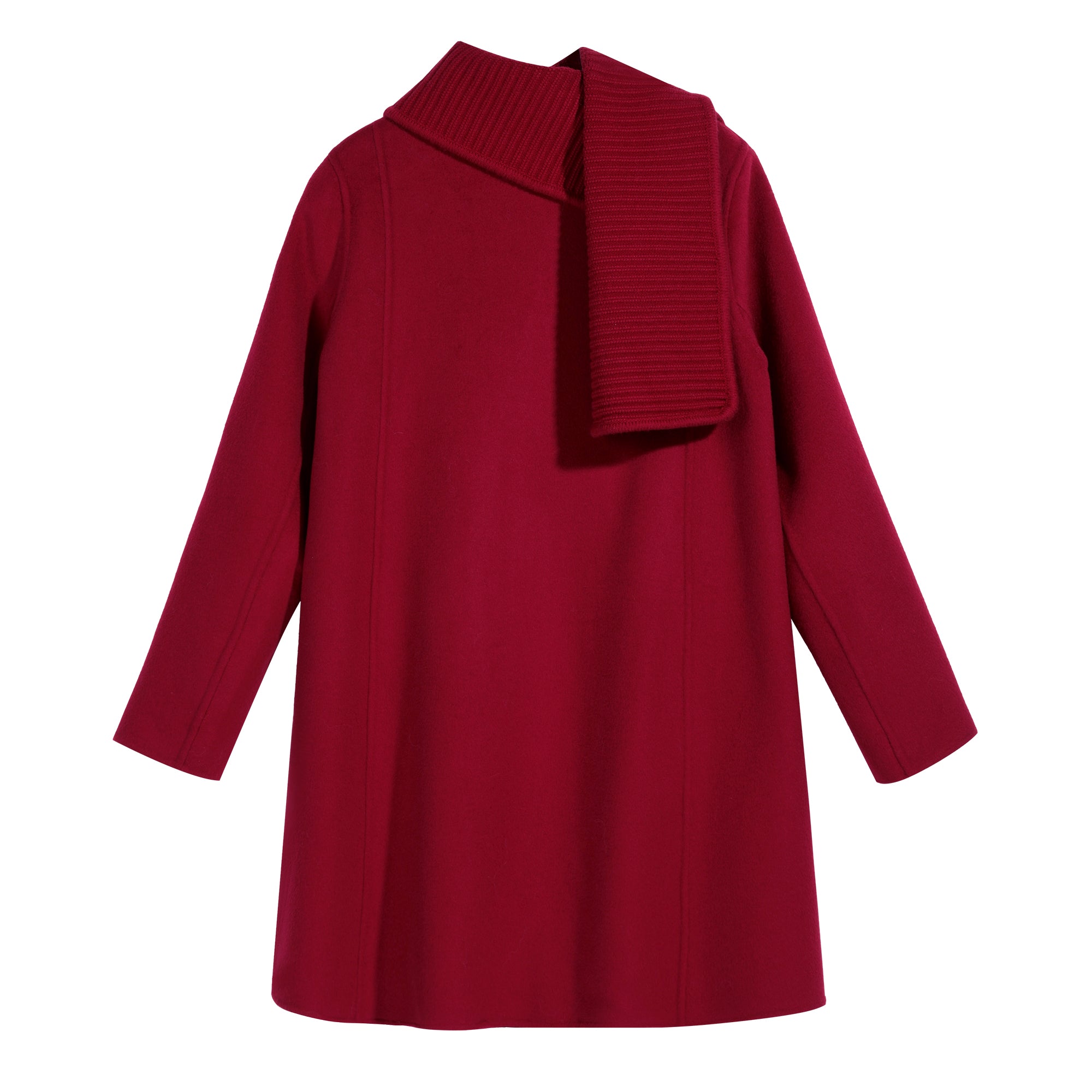 Ruby Red Funnel-Neck Belted A-Line Coat - Dabuwawa