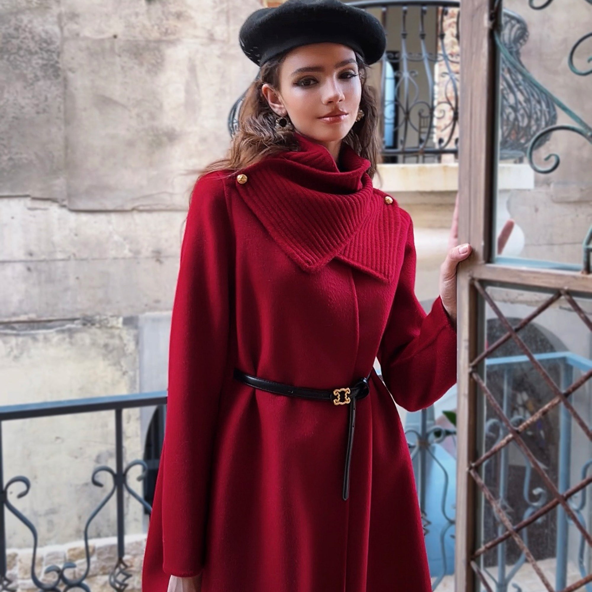 Ruby Red Funnel-Neck Belted A-Line Coat - Dabuwawa