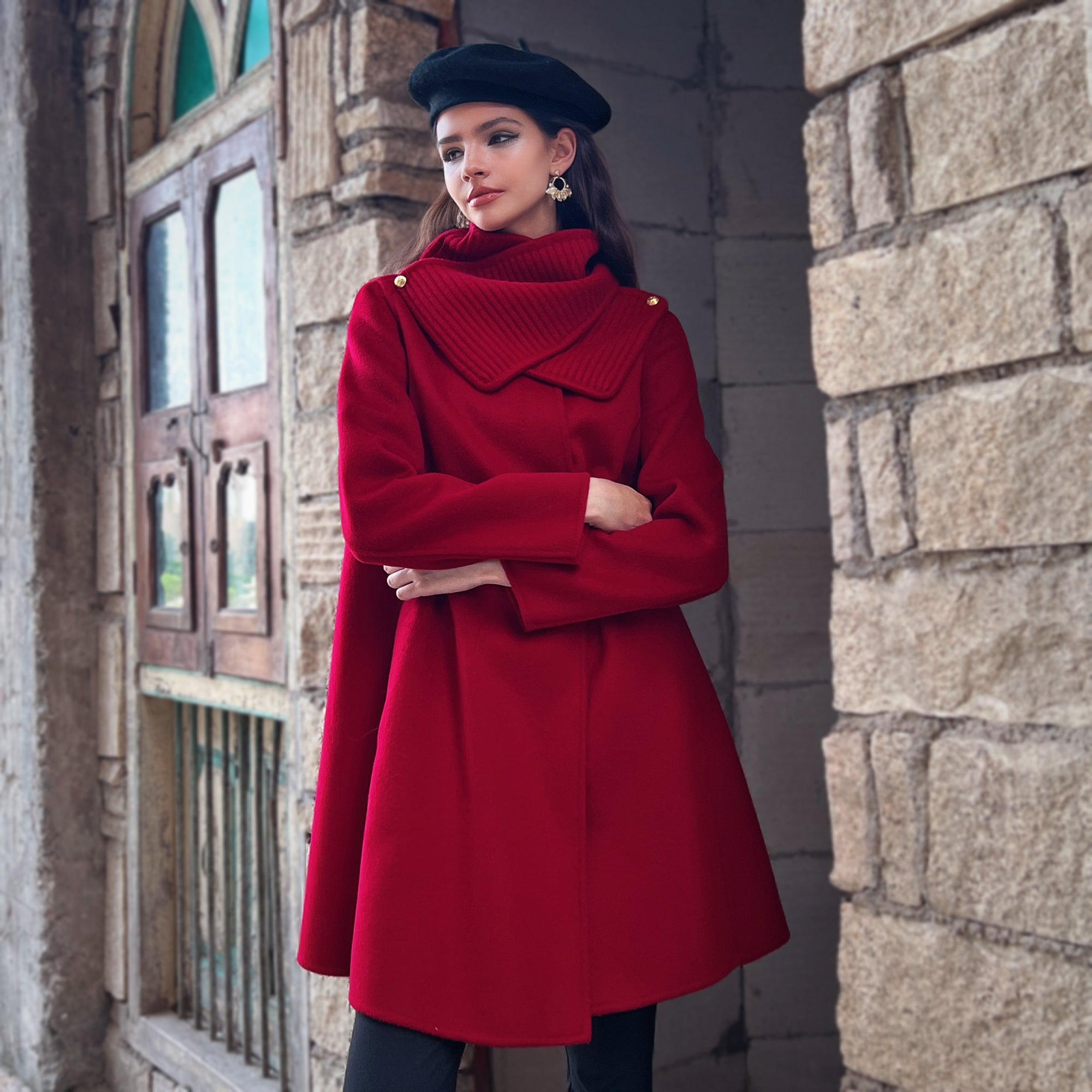 Ruby Red Funnel-Neck Belted A-Line Coat - Dabuwawa