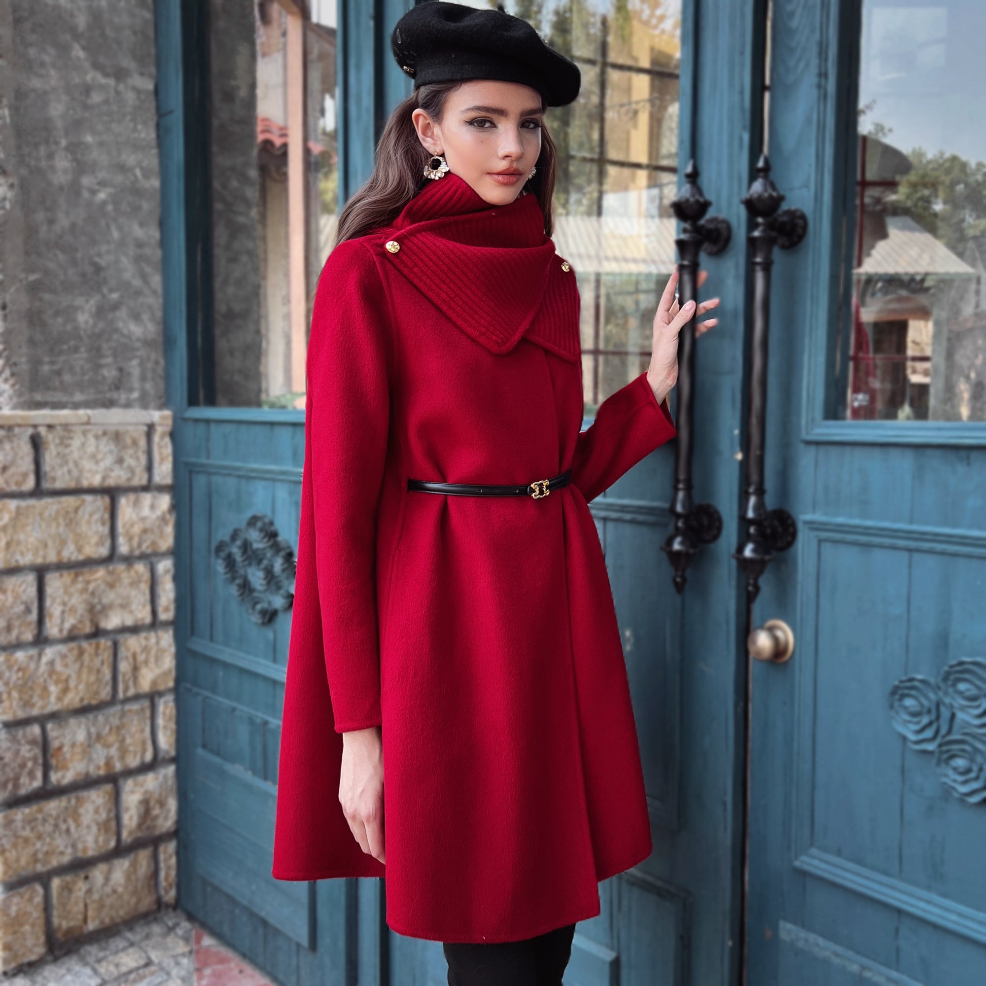 Ruby Red Funnel-Neck Belted A-Line Coat - Dabuwawa