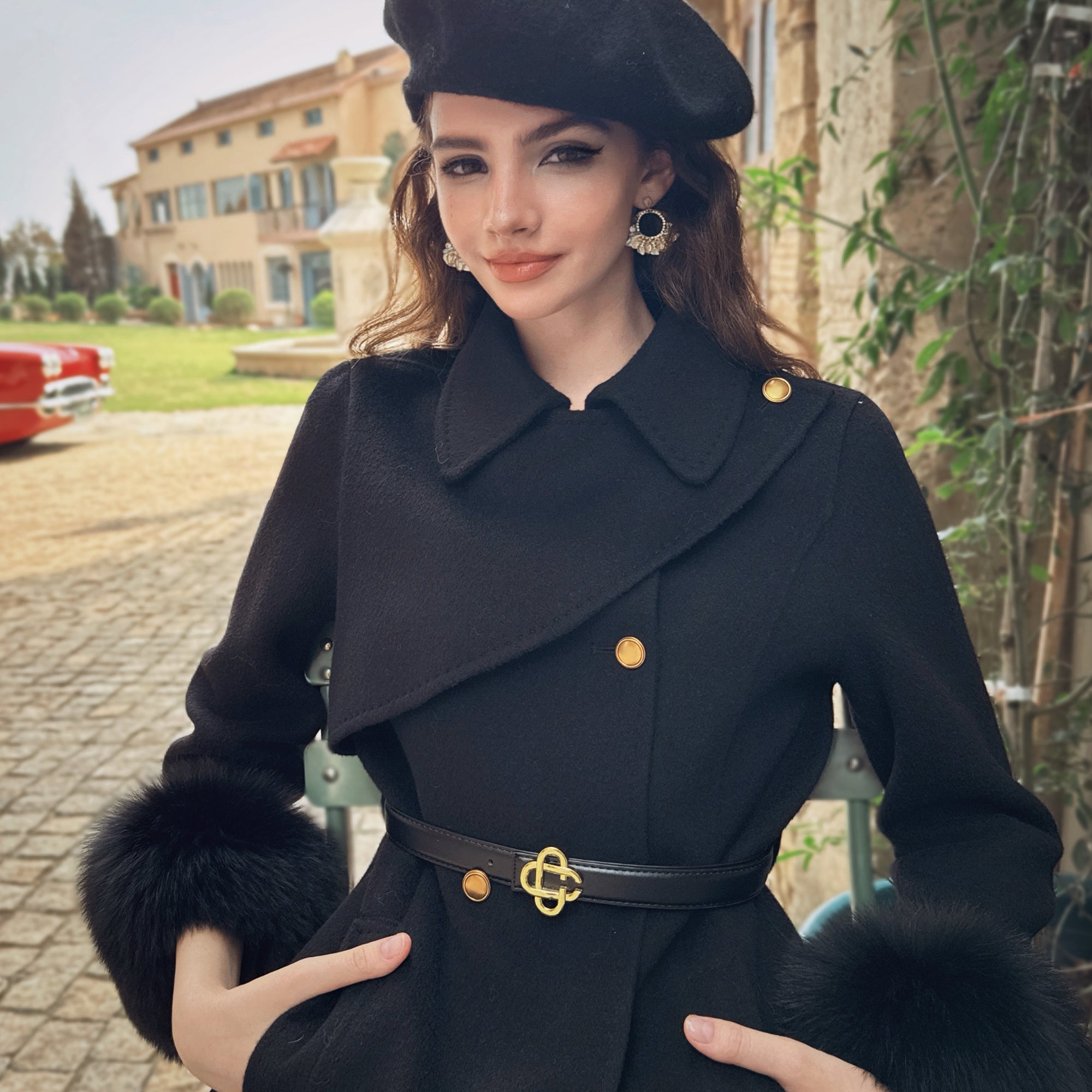 Belted A-Line Coat with Fur Cuffs - Dabuwawa