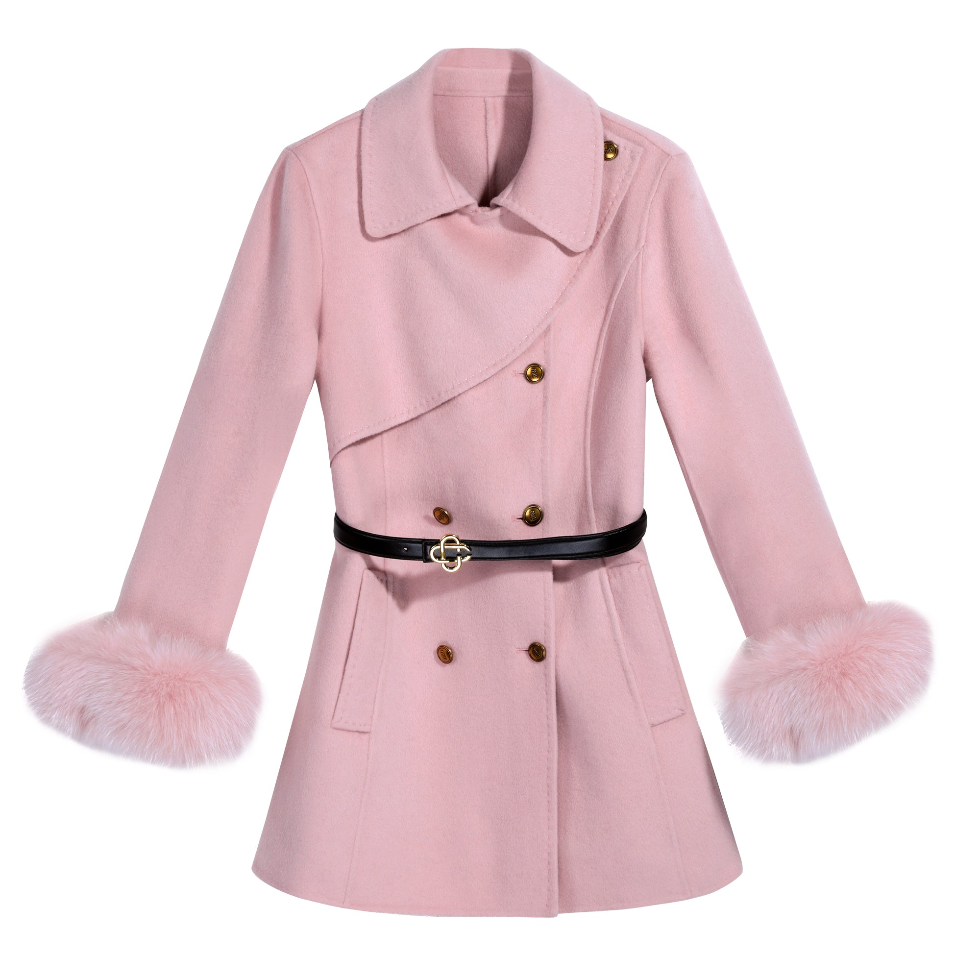 Belted A-Line Coat with Fur Cuffs - Dabuwawa