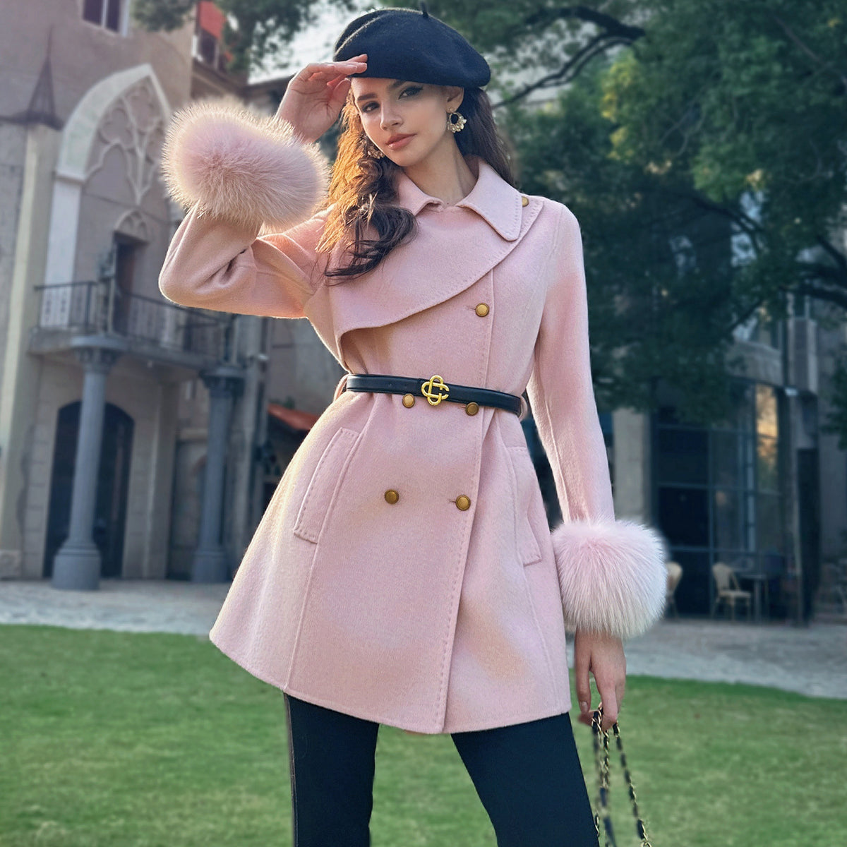 Belted A-Line Coat with Fur Cuffs - Dabuwawa