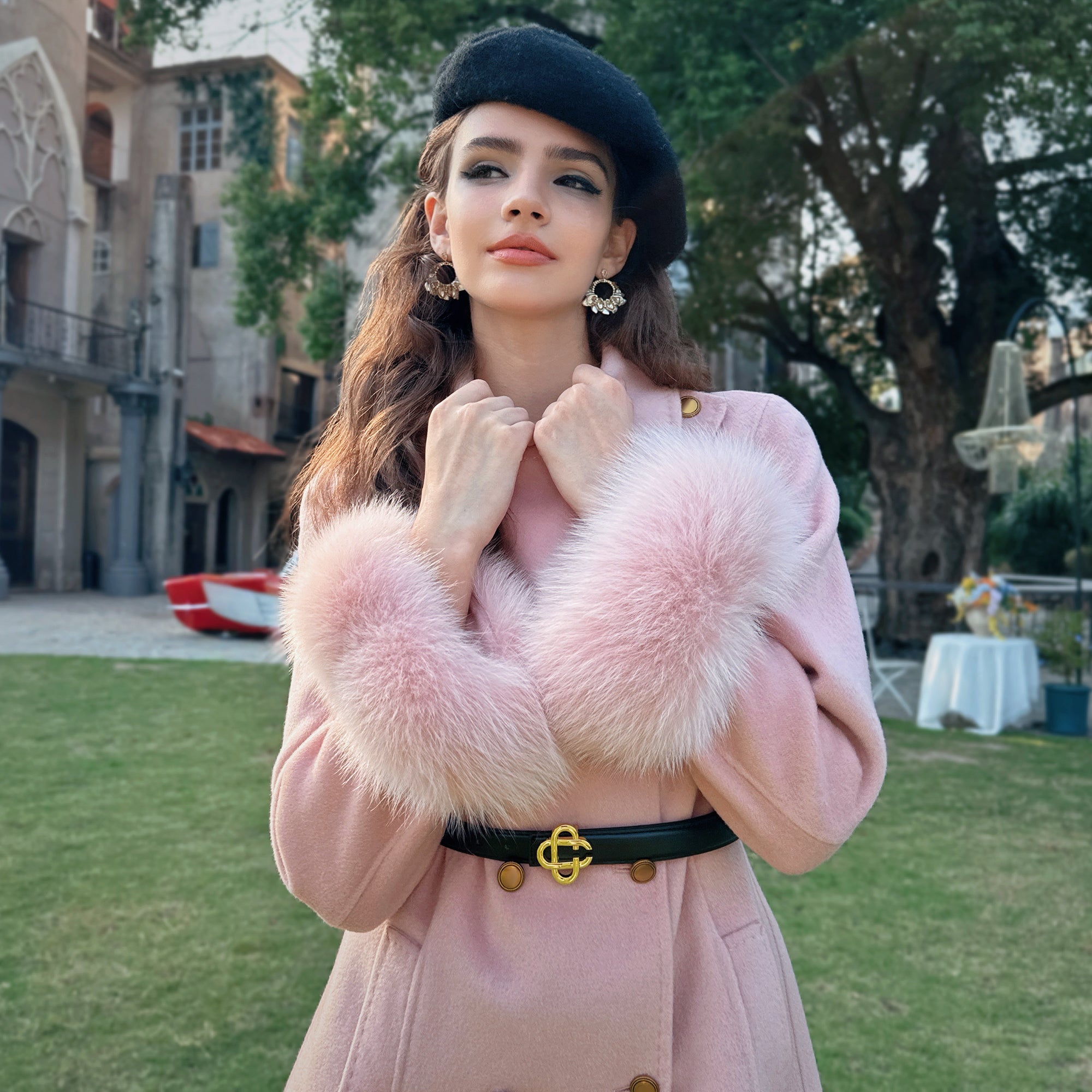 Belted A-Line Coat with Fur Cuffs - Dabuwawa