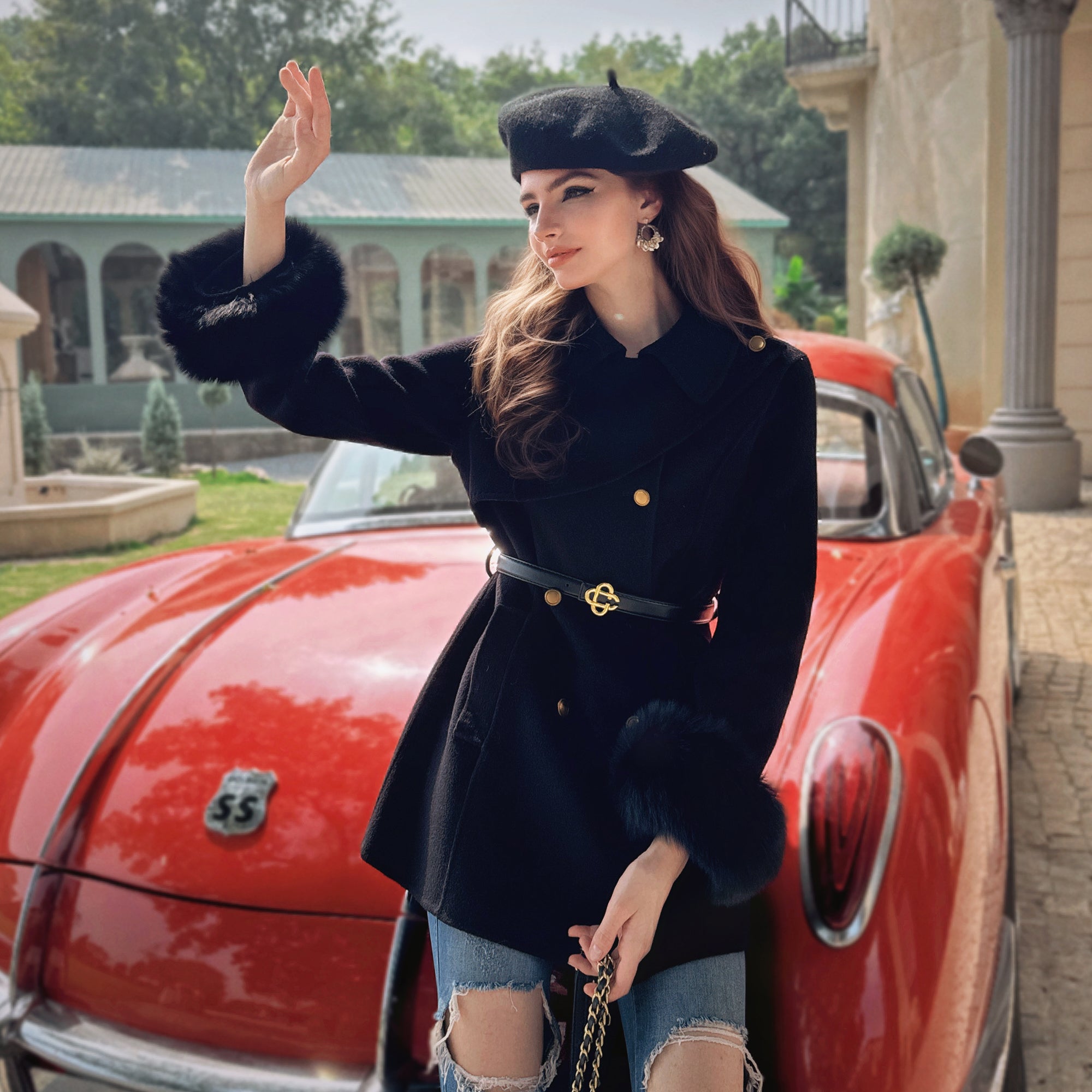 Belted A-Line Coat with Fur Cuffs - Dabuwawa