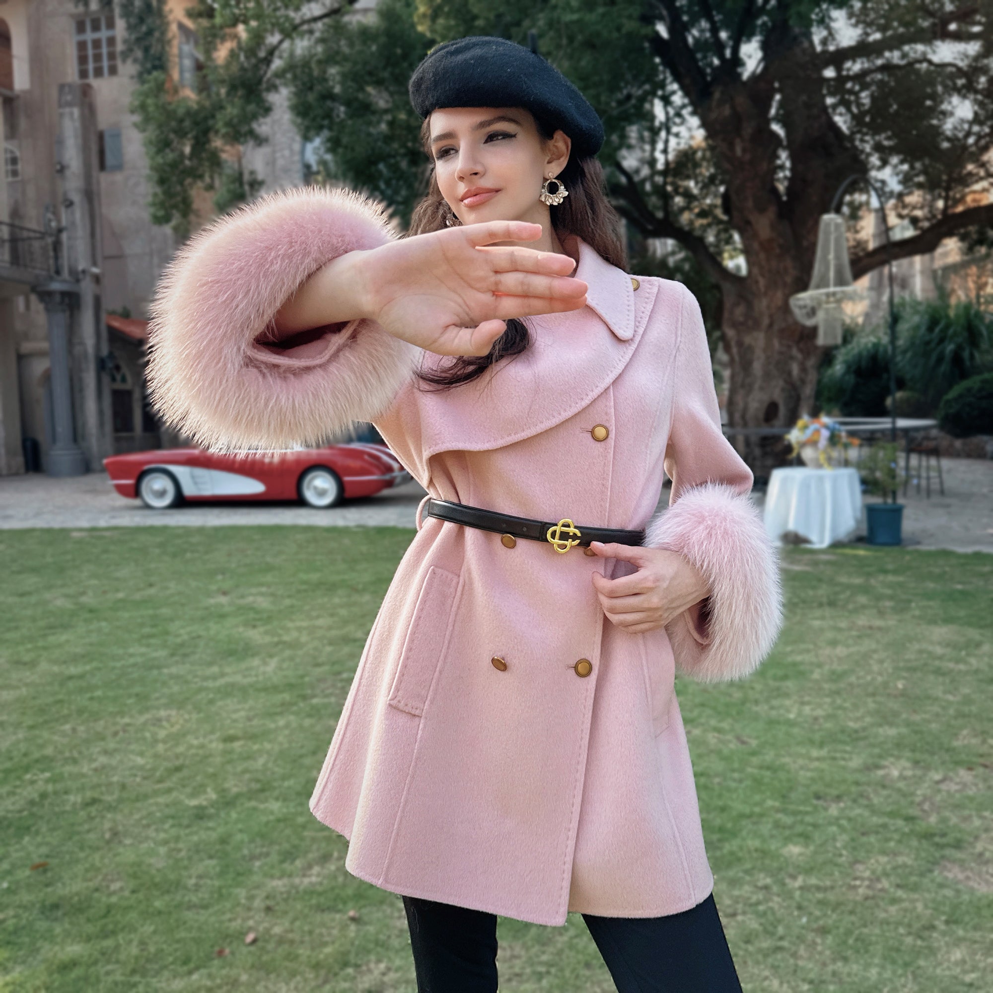 Belted A-Line Coat with Fur Cuffs - Dabuwawa